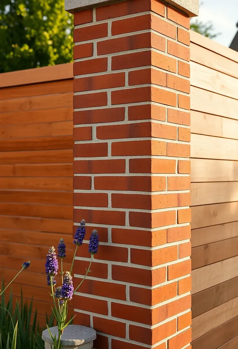 Brick column and wood panel privacy fence with red brick pillars and stained horizontal cedar boards between them