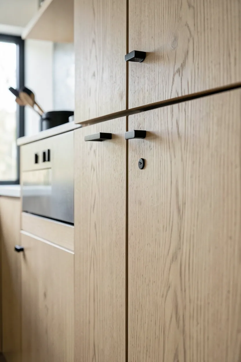 Japandi kitchen with matte black bar-style cabinet handles against light wood slab doors