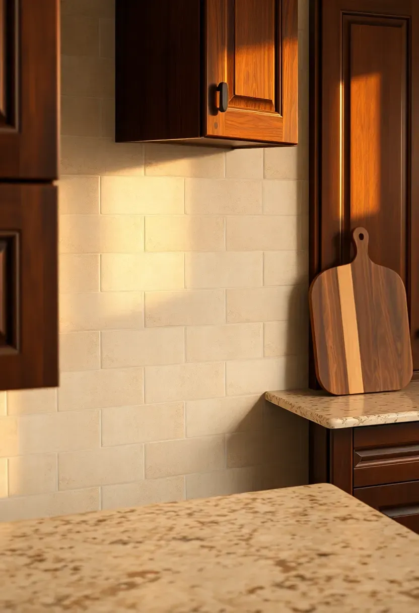 honed limestone field tile backsplash in warm beige tones with dark brown wood kitchen cabinets and light granite countertops