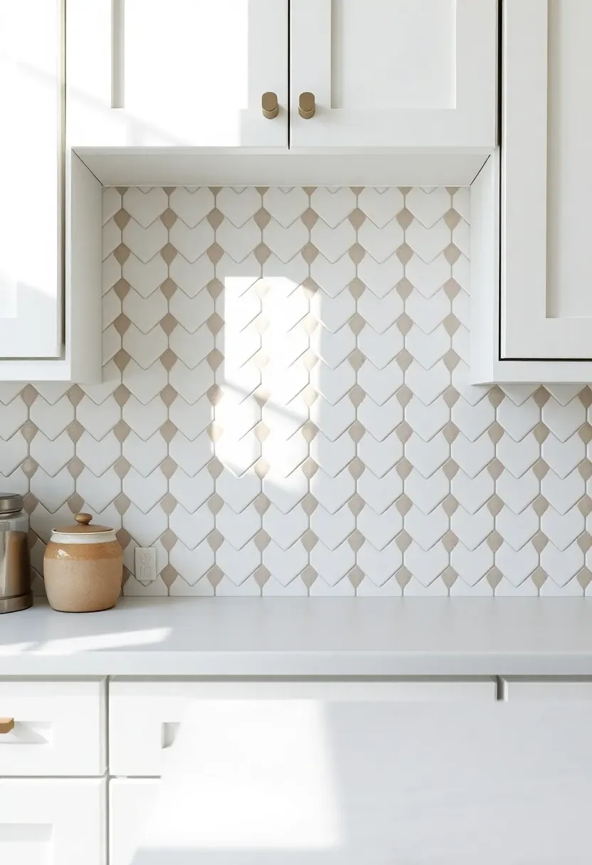 elongated white picket tile backsplash with pointed ends creating zigzag pattern in a bright modern kitchen