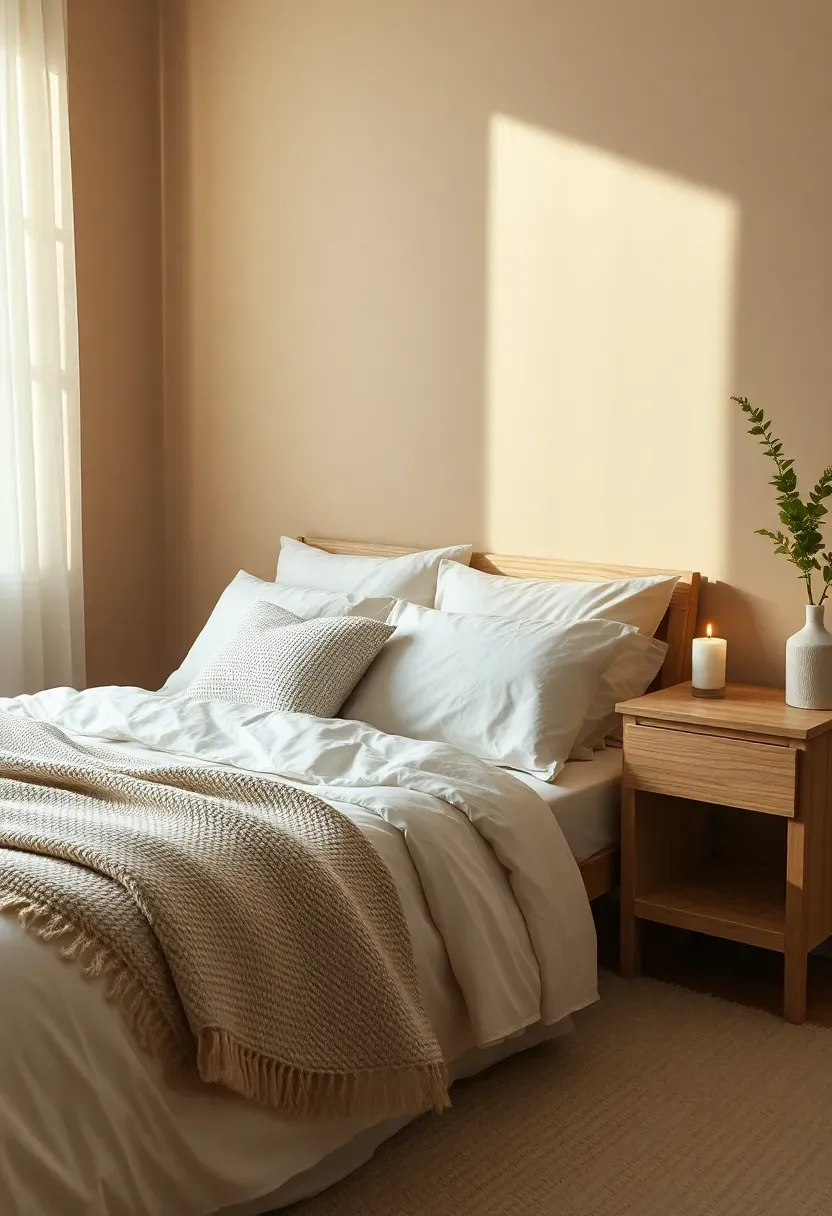 adult bedroom with warm taupe walls layered ivory bedding a wood nightstand and soft ambient lighting
