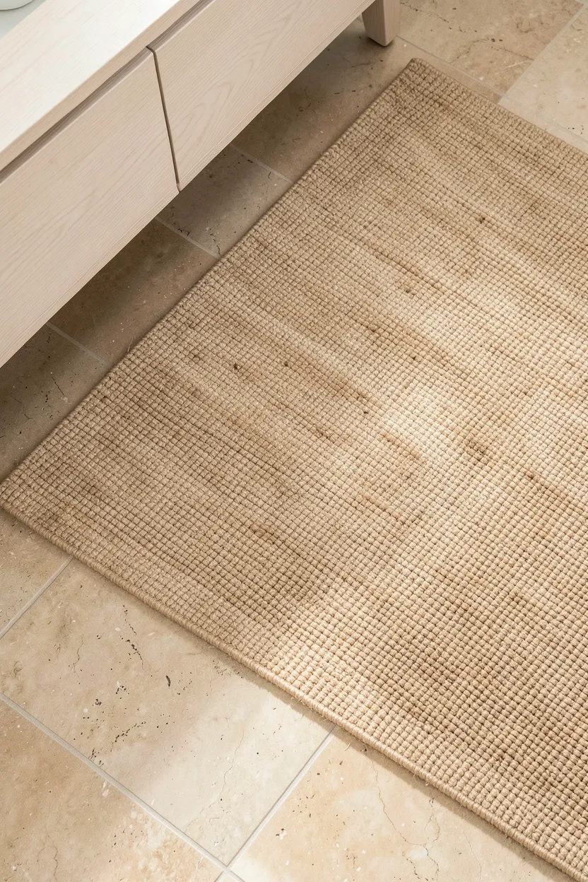 Natural jute rug in warm beige tones beside a stone tile japandi bathroom floor — organic texture underfoot