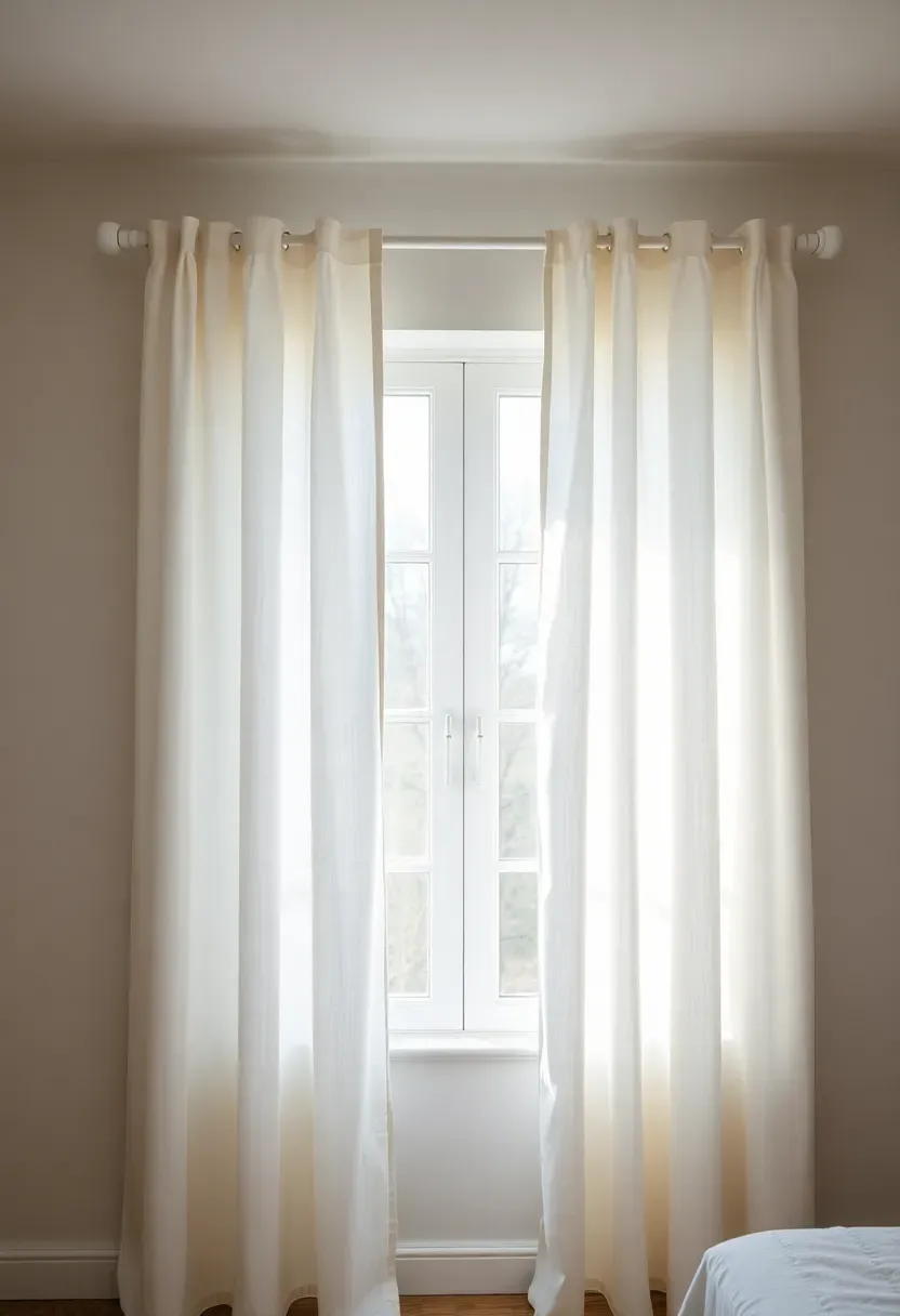 Bedroom window with sheer white linen curtains on a rod mounted close to the ceiling, panels falling to the floor and extending past the frame on both sides