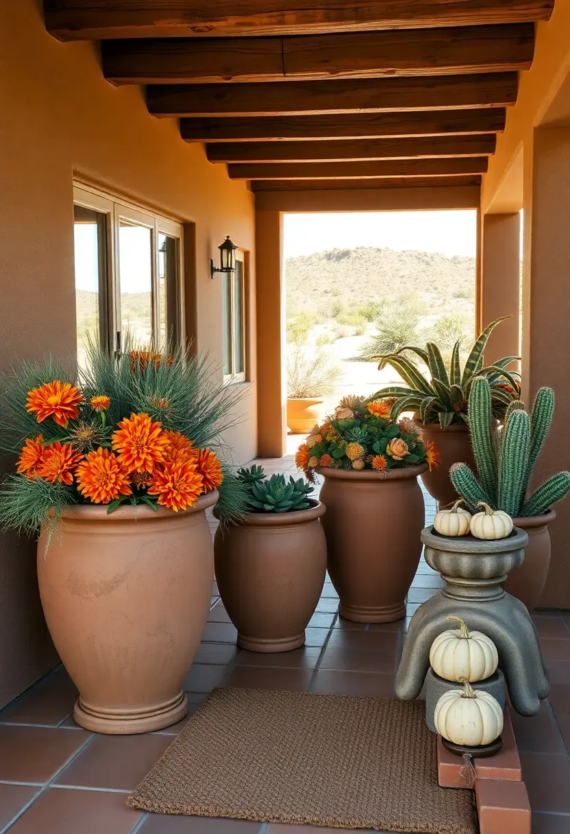 Hyper-realistic wide shot of a Southwest front porch with desert-appropriate fall decor. Weathered terracotta planters contain mums in terracotta, sage green, and dusty rose. Sagebrush and yucca pods frame the arrangements. Natural stone planters display small pumpkins in cream and pale orange. Porch has adobe walls in warm beige and exposed beam ceilings. Terracotta tile floor. Bright desert sunlight with strong shadows. Visible desert landscape beyond. Woven jute doormat. No text, no logos, no watermarks.</p>