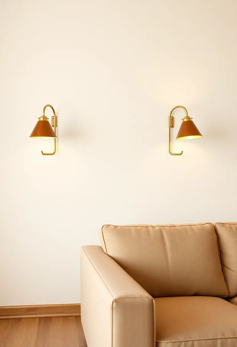 Hyper-realistic medium shot of two brass wall sconces with articulated arms and conical shades mounted on a warm white wall. The sconces flank a light beige sofa (partially visible), positioned at seated eye level. Warm ambient light emanating from shades, casting soft shadows. Light oak flooring, minimal decor. Materials: brushed brass metal, warm white walls. Soft lighting with warm color temperature. Clean minimalist composition. No text, no logos, no watermarks.</p>