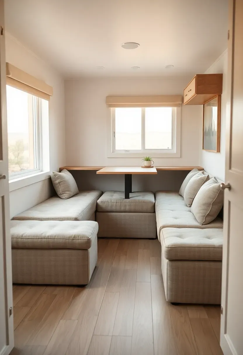 Hyper-realistic 3/4 view of a tiny house living area with convertible sofa, fold-down table, storage ottomans. Materials: white oak floor, linen upholstery, matte white walls, brushed steel hardware. Warm diffused window light, creamy neutrals with soft sand accents. Mood: flexible, efficient, calm. Shallow depth of field, sharp details, balanced composition, soft shadows, visible room context. No text, no logos, no watermarks.</p>