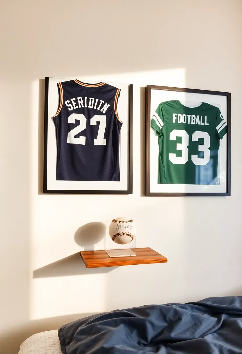 framed sports jerseys mounted on dorm wall in black shadow box frames