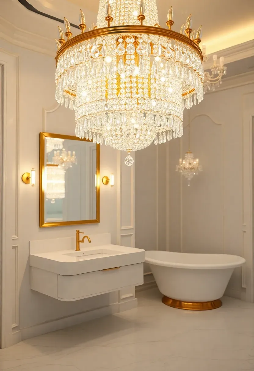 Opulent bathroom with crystal chandelier centerpiece providing elegant ambient lighting