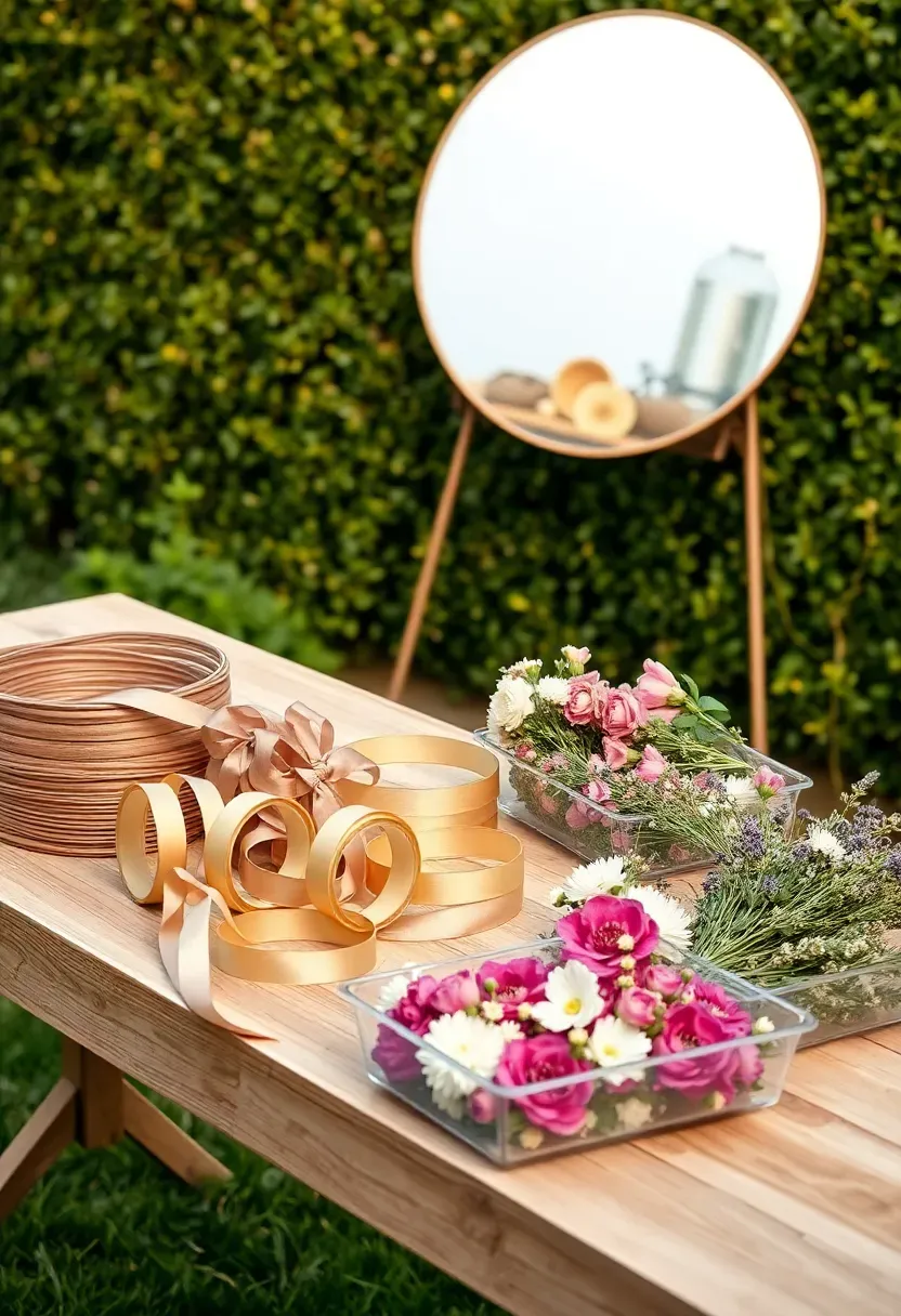 Garden party flower crown making station with loose blooms, floral wire, and ribbon on a wooden table surrounded by greenery