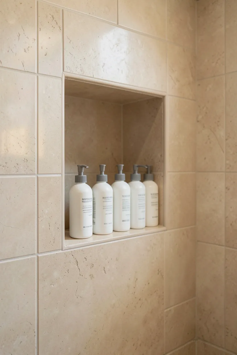 Tiled built-in shower niche with organized shampoo bottles and soap in a modern neutral bathroom