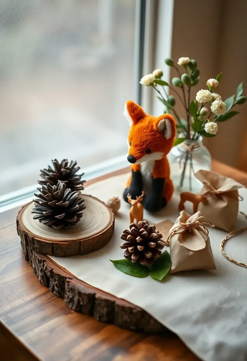woodland fox and deer baby shower vignette with birch wood slice, pinecones, and cream flower bud vase