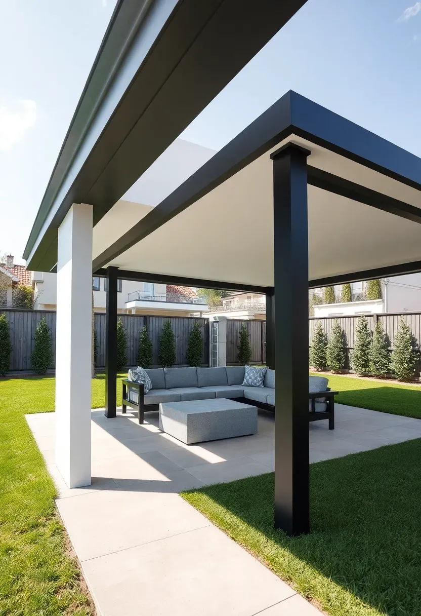 A modern flat-roof gazebo with clean-lined dark steel posts, a white composite roof panel, minimalist outdoor sofa and coffee table inside, and a manicured lawn around it