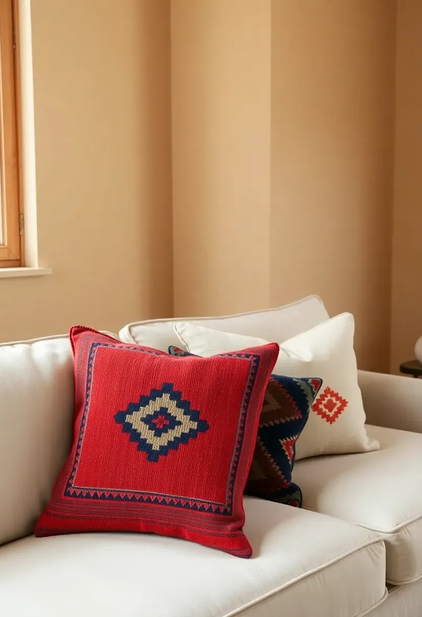 Two or three vintage kilim pillows arranged on a neutral sofa in a boho minimalist intimate living room