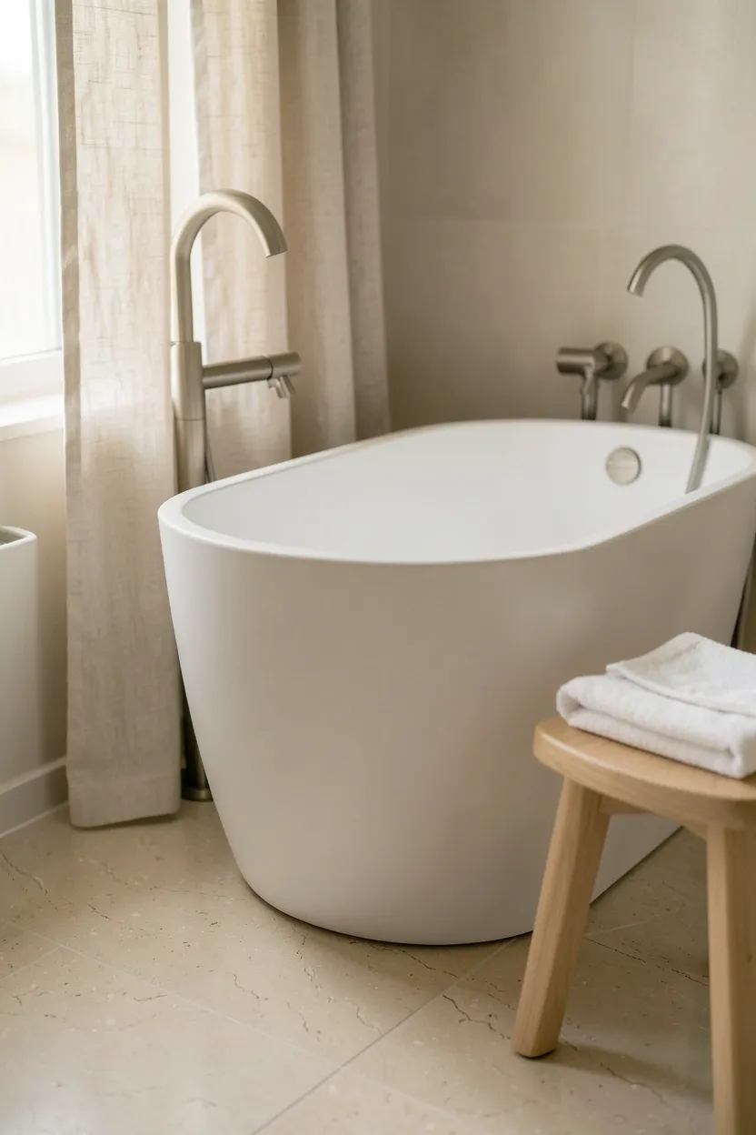 White matte freestanding oval soaking tub centered in a serene japandi bathroom with natural wood accents