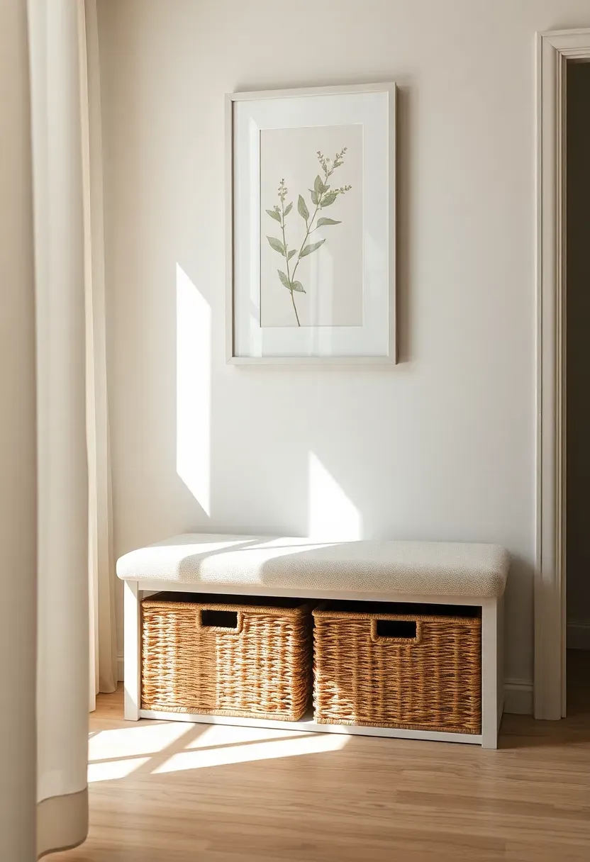 Cream bouclé storage bench with rattan basket drawers in apartment entryway