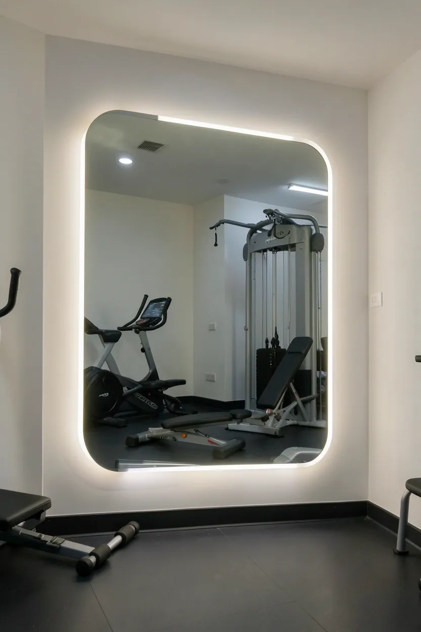 Spotlight fixtures focused on a weight rack and cardio machine in a small home gym creating dramatic task lighting