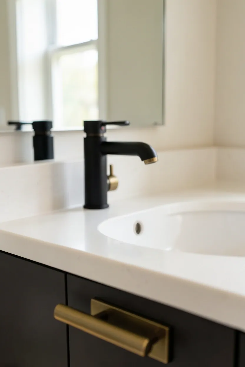 Black and brushed brass mixed metal bathroom fixtures — faucet, towel bar, and cabinet pulls in a budget bathroom