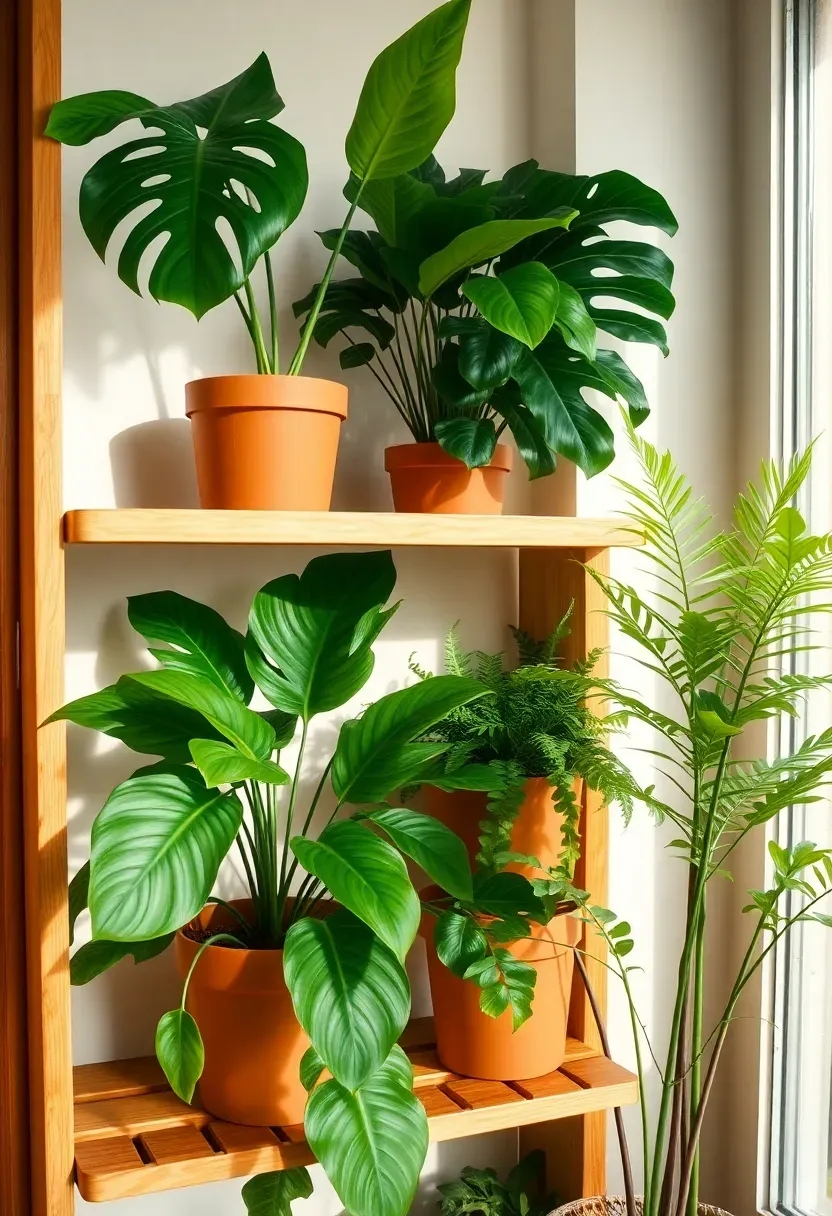 Tiered wooden plant shelf in a sun-drenched sunroom corner filled with tropical monstera, bird of paradise, and ferns in terracotta pots