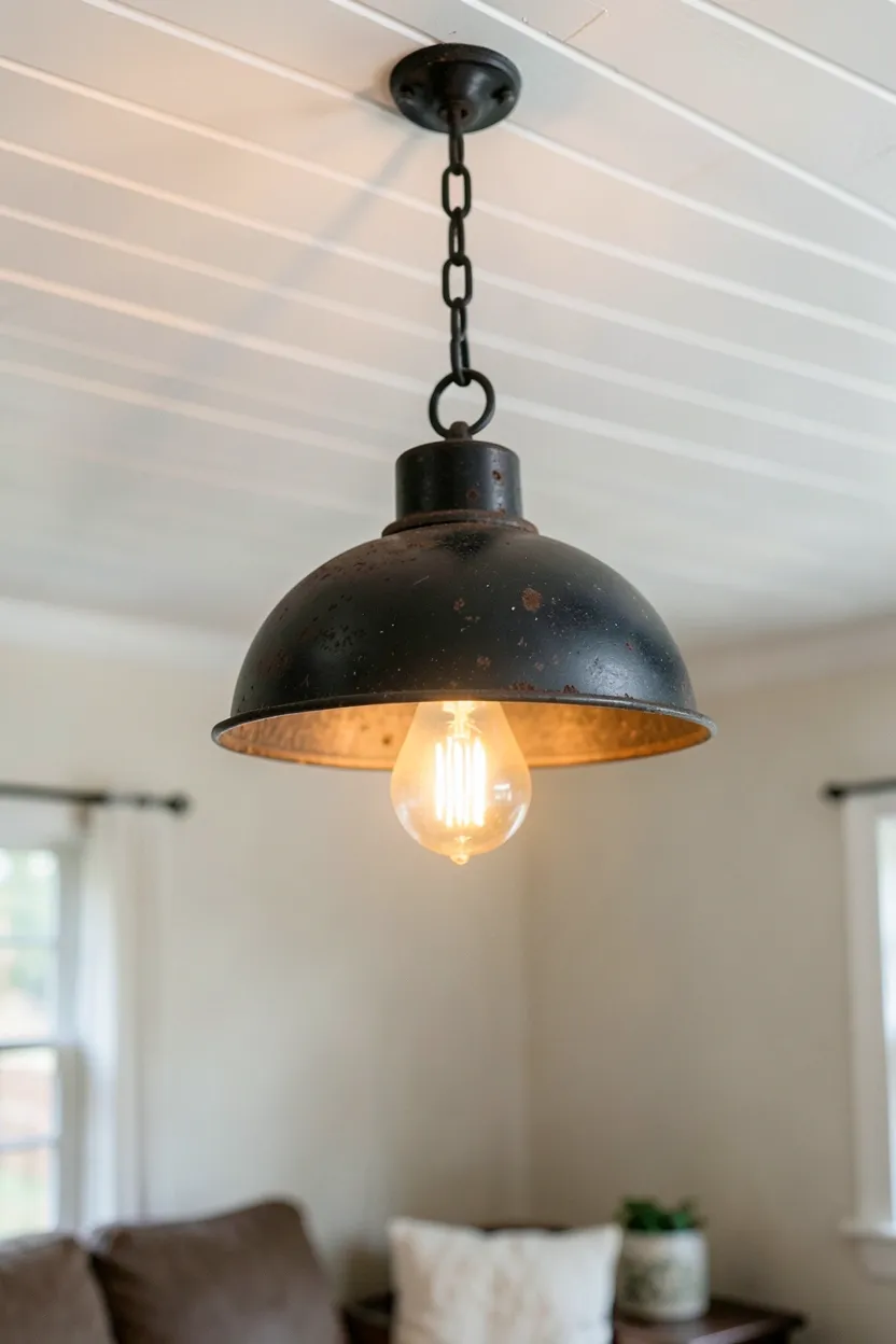 Black wrought iron lantern and aged bronze metal accents contrasting warm wood in a modern farmhouse living room