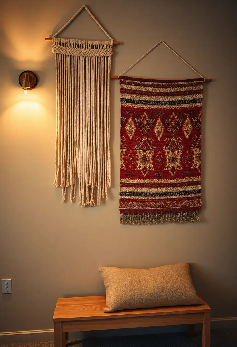 Woven macrame and textile wall hangings in cream and terracotta tones on a basement wall above a bench with cushions