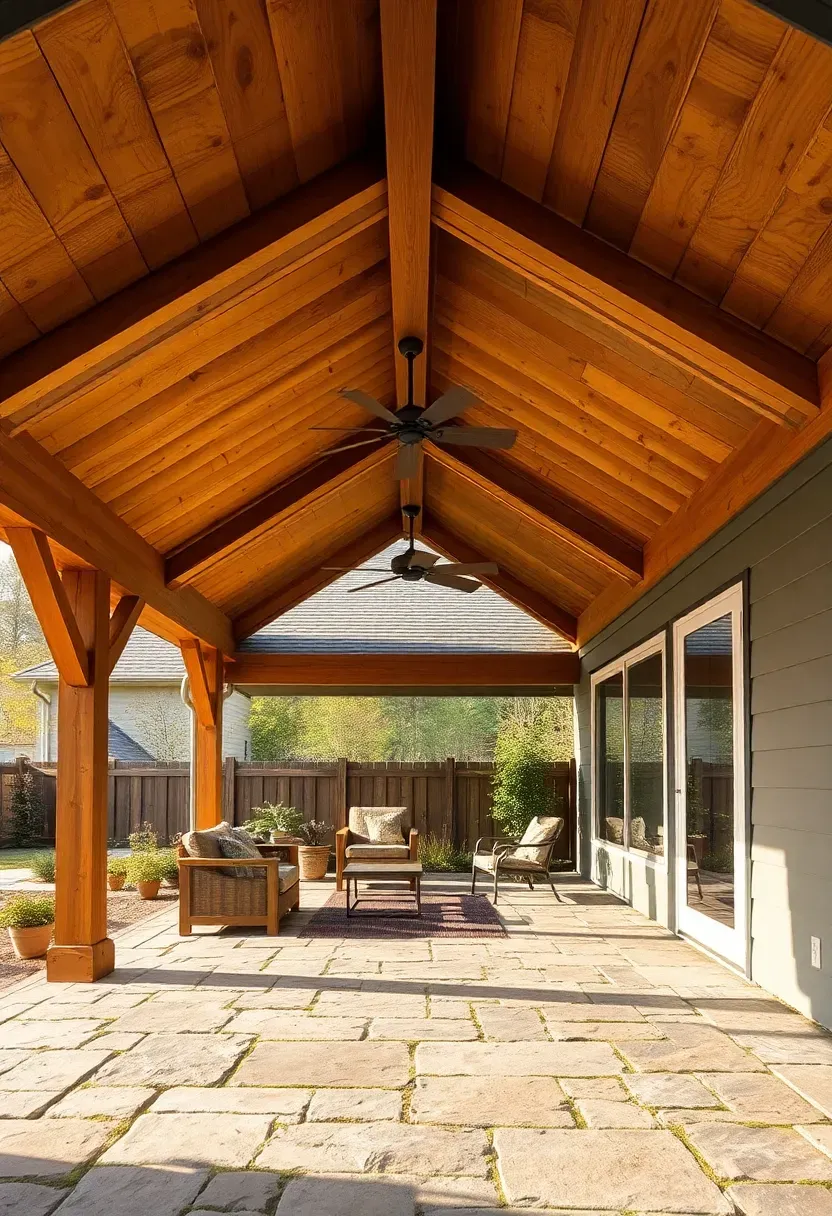 Attached patio cover with exposed wooden beams and a solid roof extending from a house over a flagstone patio