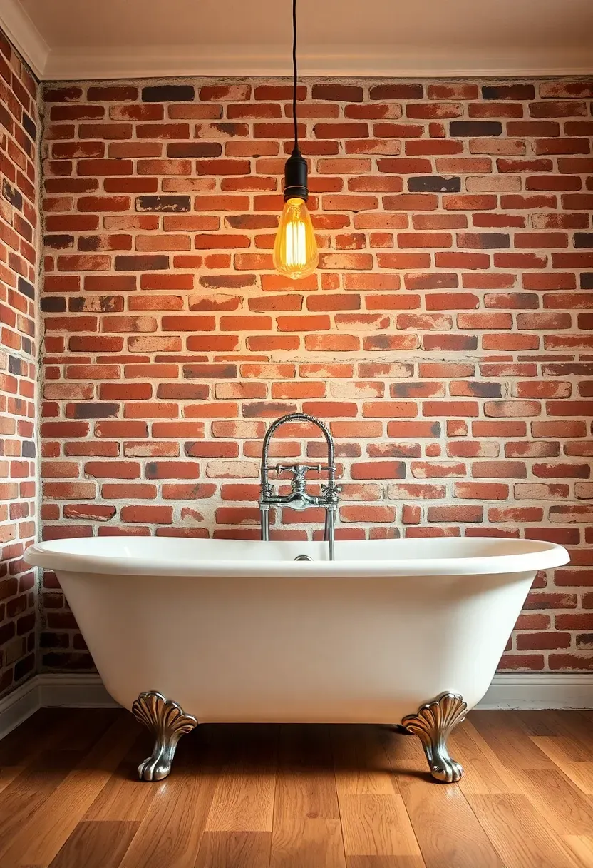 Exposed brick veneer accent wall in warm red and brown tones in a rustic bathroom with cast iron tub and vintage fixtures