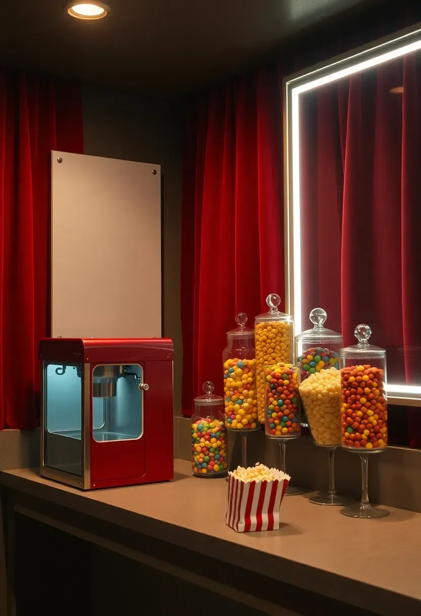 Basement theater concession bar with popcorn machine, glass candy jars, LED-lit menu board, and red velvet curtain backdrop