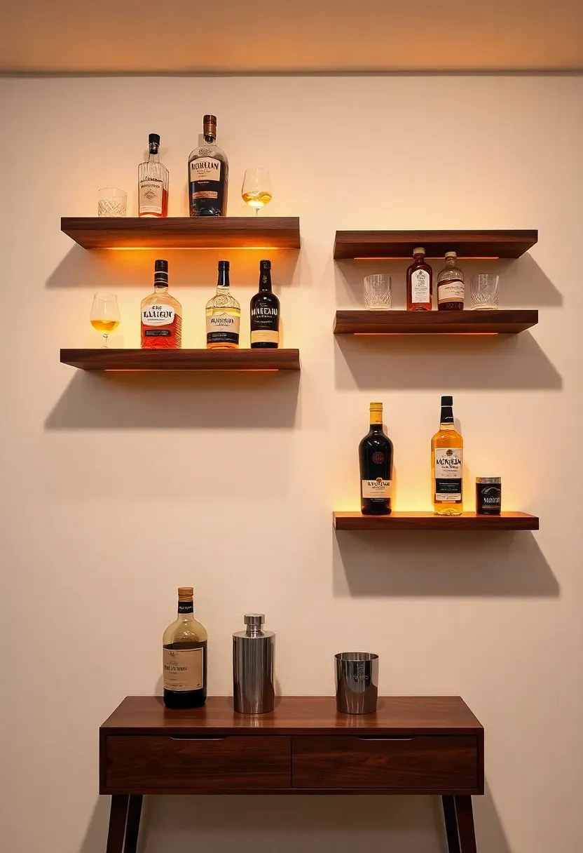 Basement bar wall with staggered floating wood shelves holding bottles and glassware, LED strip lighting underneath each shelf, and a narrow console table below