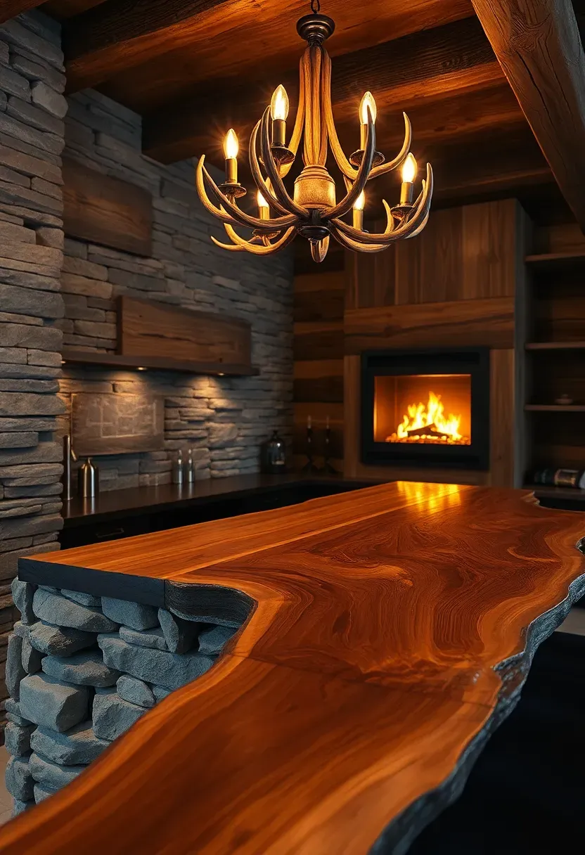 Lodge-style basement bar with stacked stone base, heavy timber beam counter, antler chandelier, and warm firelight glow