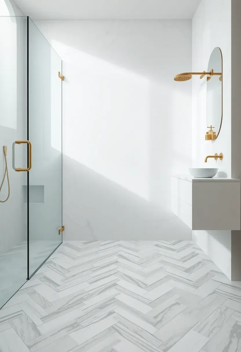 Seamless micro cement bathroom floor in warm light gray tone with walk-in shower and floating wooden vanity