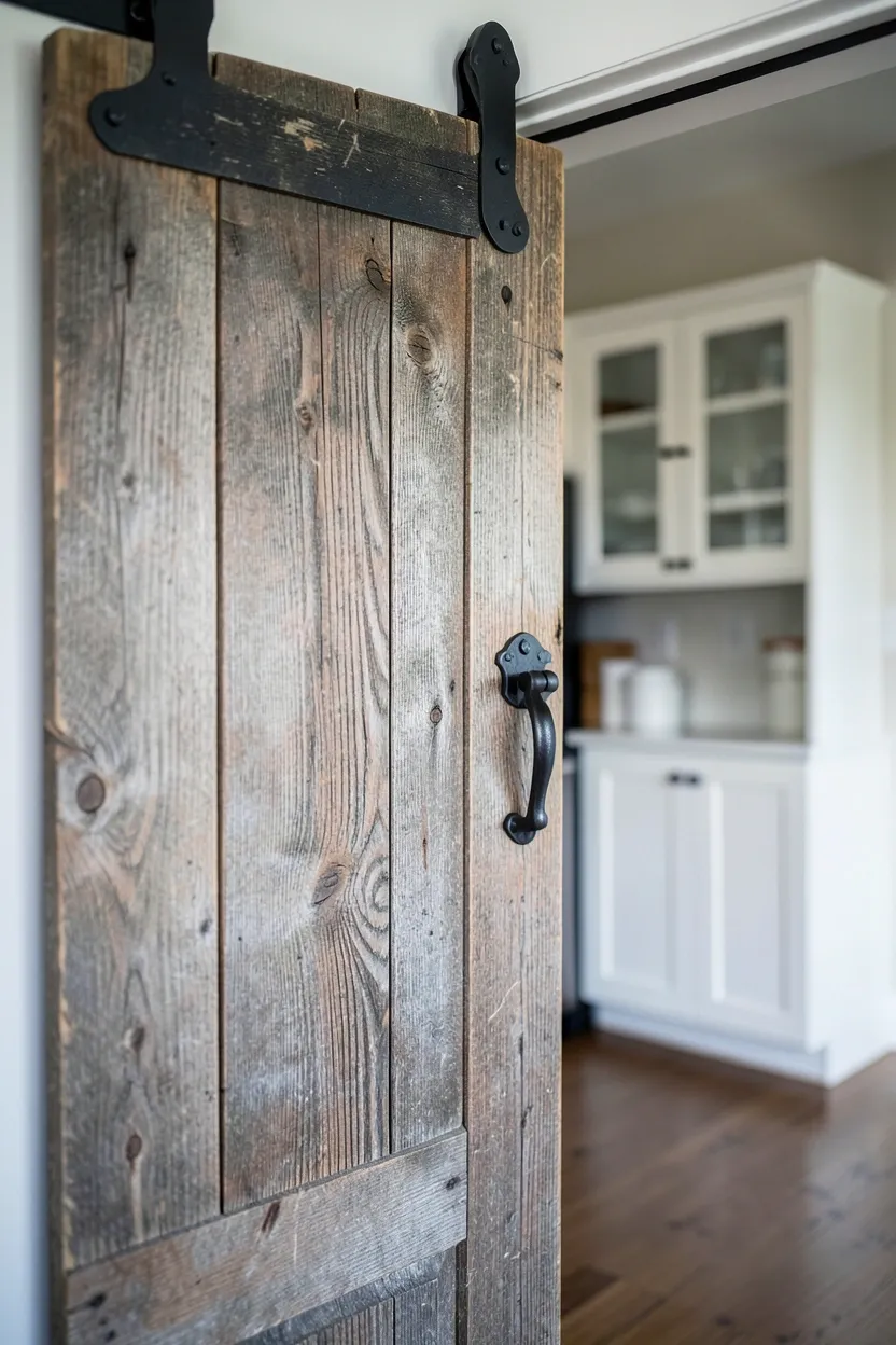 Sliding reclaimed wood barn door on black matte track hardware leading to pantry in a rustic farmhouse kitchen