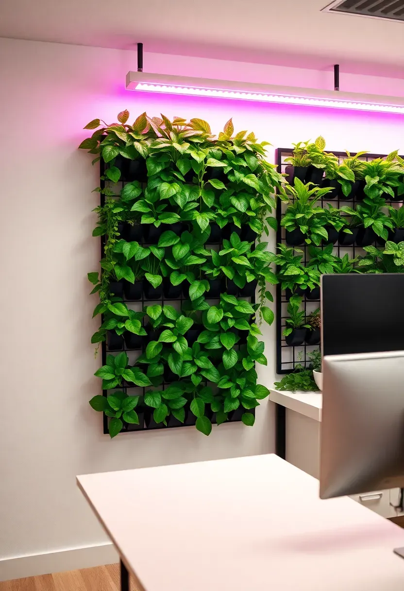 Windowless basement office with a lush vertical living green wall next to a modern white desk