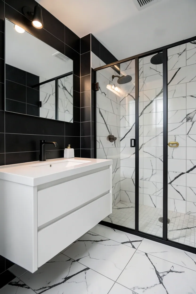 White marble floor with black veining paired with matte black wall tiles — elegant black and white bathroom design