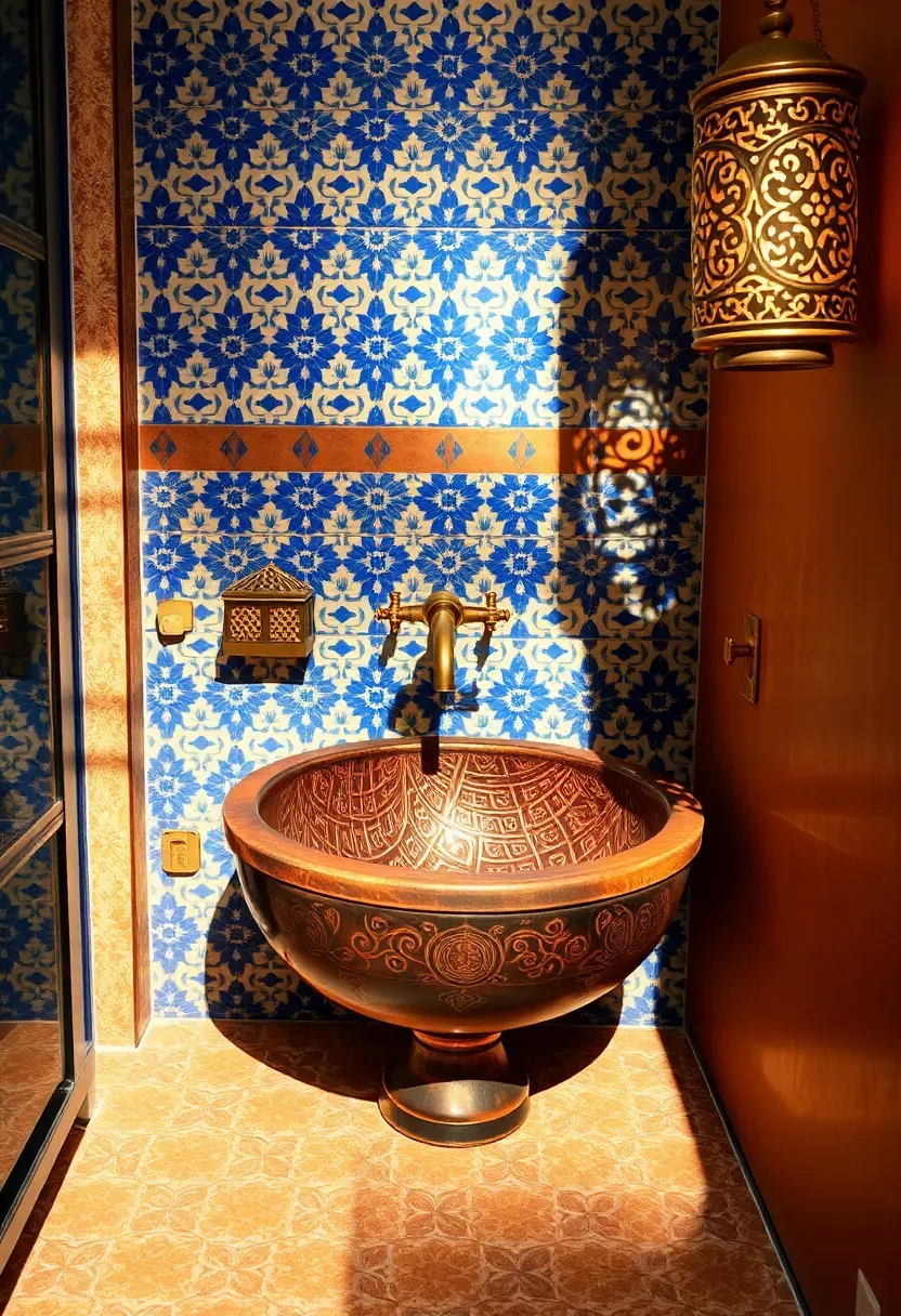 Moroccan bathroom with intricate zellige tile work, vibrant colors, and traditional patterns