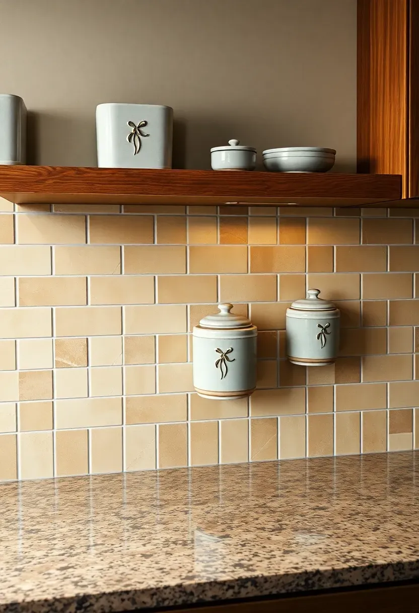 warm taupe handmade ceramic tile backsplash with natural glaze variation above fantasy brown granite and wood floating shelves