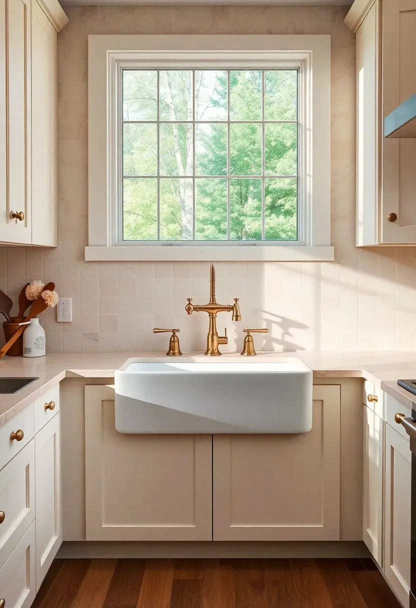 Hyper-realistic 3/4 view of a neutral kitchen featuring a warm white farmhouse sink as focal point. Materials: warm white fireclay apron-front sink, cream painted shaker cabinets, honed marble countertops with warm veining, warm beige ceramic tile backsplash, unlacquered brass bridge faucet, warm oak flooring. Natural light from window above sink, soft shadows on sink apron. Visible vintage-inspired brass faucet with exposed plumbing and warm white sink front as focal element. Traditional warm mood. Shallow depth of field showing sink texture, sharp details on faucet. No text, no logos, no watermarks.</p>