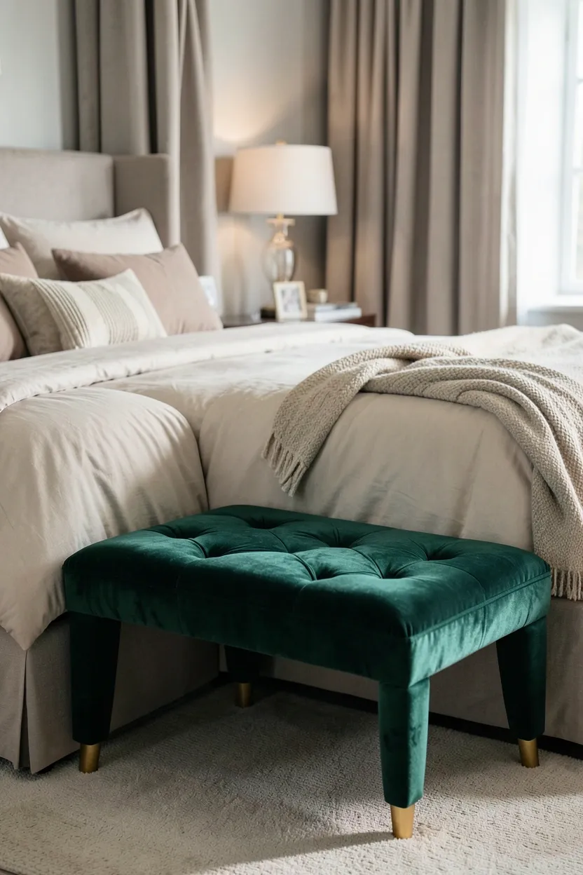 Live edge walnut wood coffee table styled with a ceramic tray and small plant in an earthy apartment living room