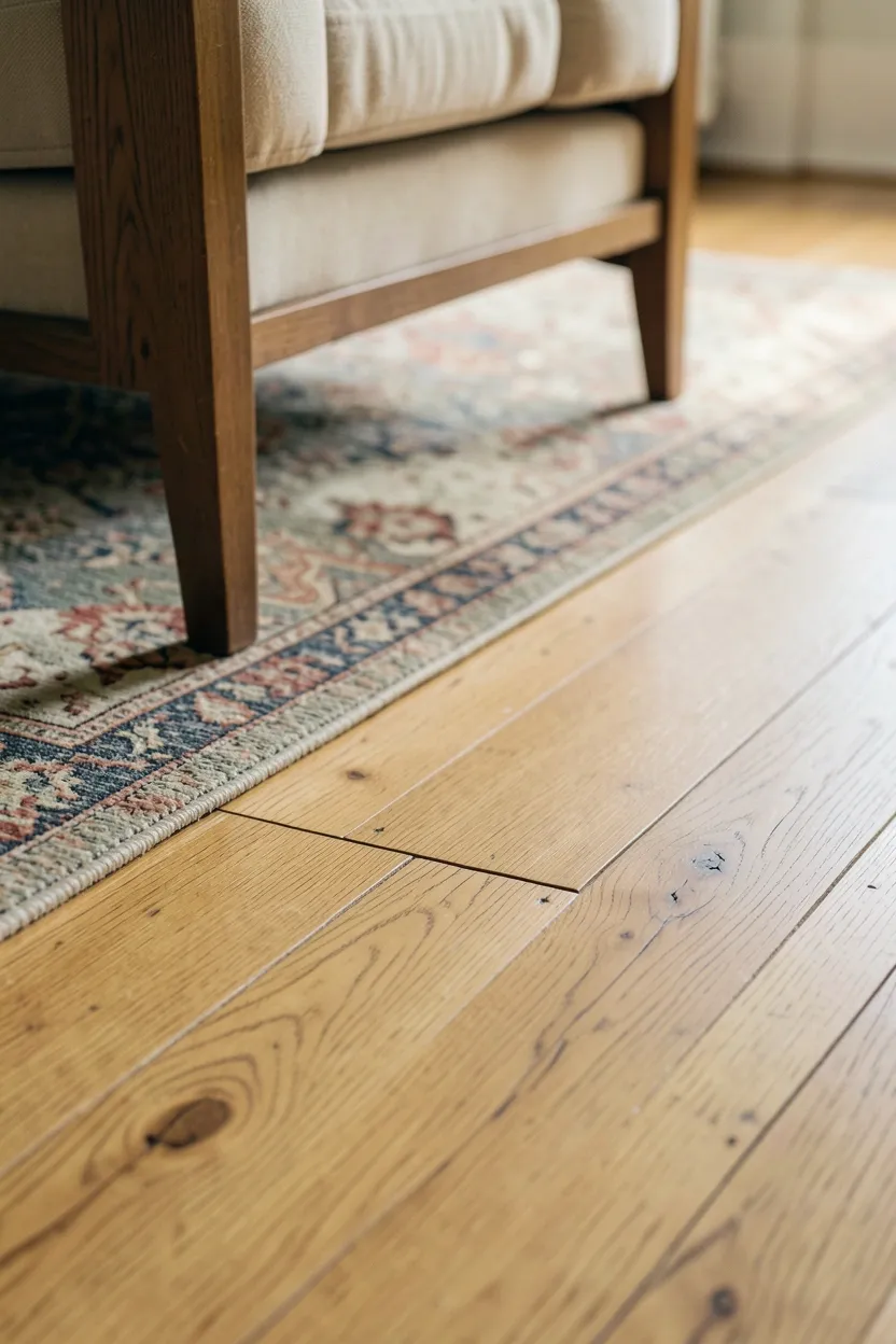 Faded vintage area rug layered over wide-plank oak flooring in a warm modern farmhouse living room