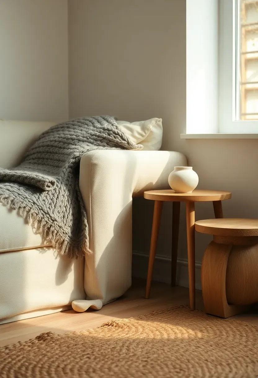 Hyper-realistic 3/4 view of minimalist Japandi living room corner showing layered textures: chunky wool throw draped over cream sofa arm, linen cushion, wooden side table with ceramic vase, jute rug on light wood floor. Materials: wool knit texture, linen weave, light oak wood grain, matte ceramic, jute rope texture. Warm diffused side light from window accentuating texture variations. Cozy serene mood with emphasis on material contrasts. Shallow depth of field, sharp details on textile textures, diagonal composition, visible room context with neutral walls. No text, no logos, no watermarks.</p>