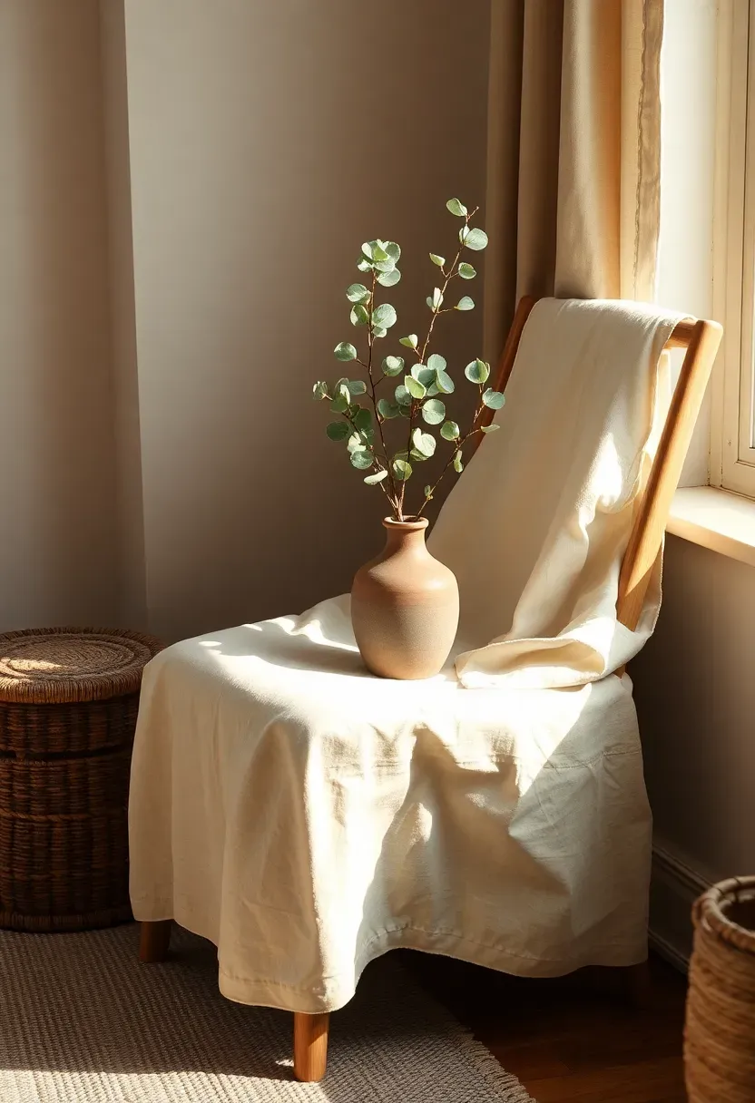 Simple wooden chair in an apartment sunroom covered with a natural linen drop cloth slipcover, tucked edges creating clean lines, a small woven side table beside it holding a ceramic vase with dried eucalyptus