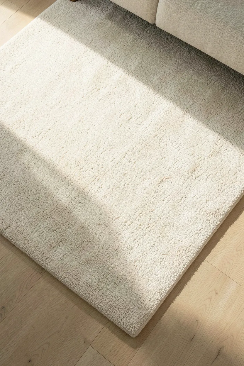 Simple cream wool area rug anchoring a minimal furniture arrangement in a bright modern living room