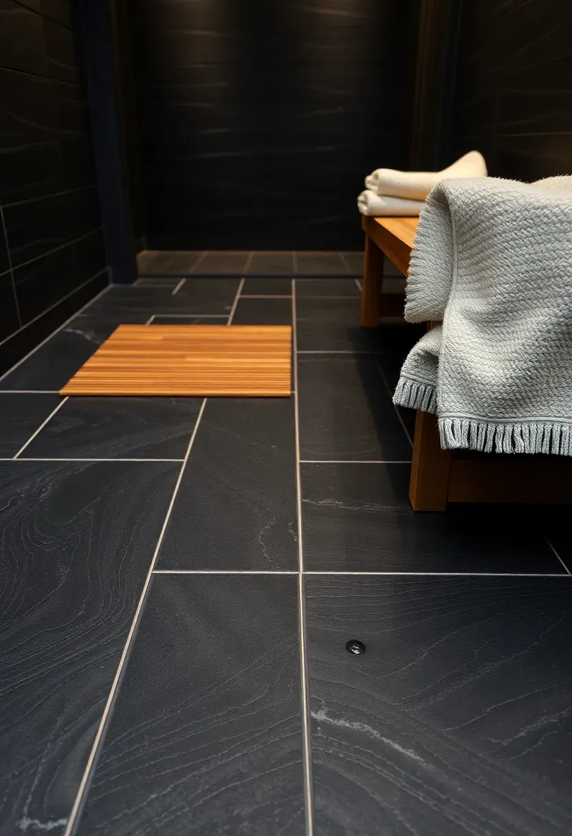 Dark charcoal natural slate tiles with cleft texture on a spa-inspired bathroom floor with a wooden bath mat