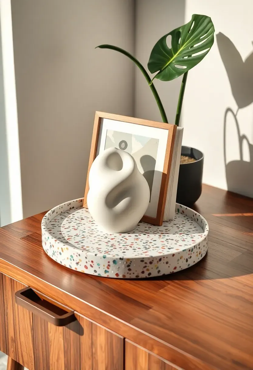 Terrazzo round tray with abstract sculptural objects and small art print