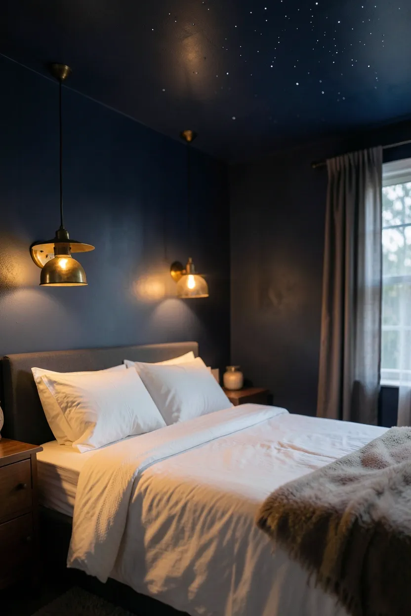 Cozy boho bedroom with midnight blue painted ceiling, warm Edison pendant light, and string lights tracing the ceiling edges
