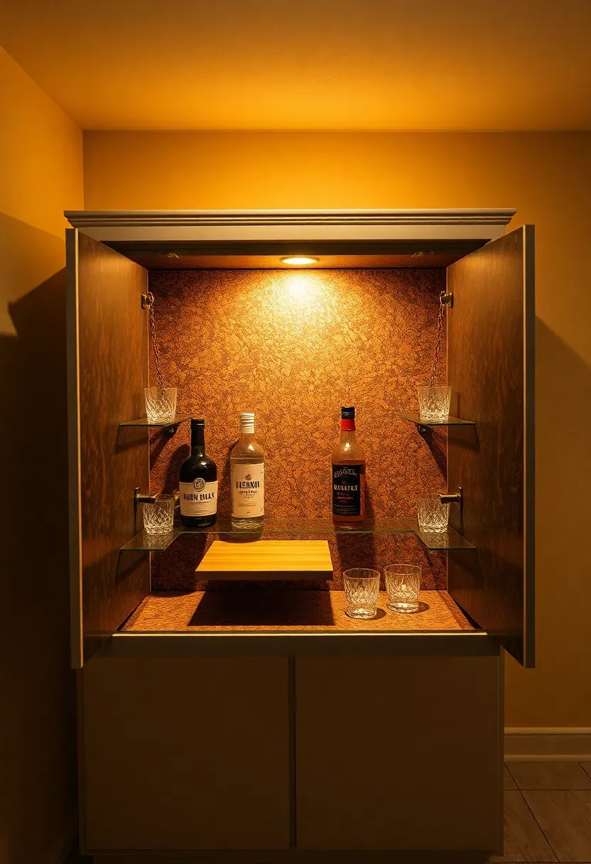 Murphy-style fold-down bar mounted on a basement wall, shown in the open position with bottles, glasses, and a small cutting board