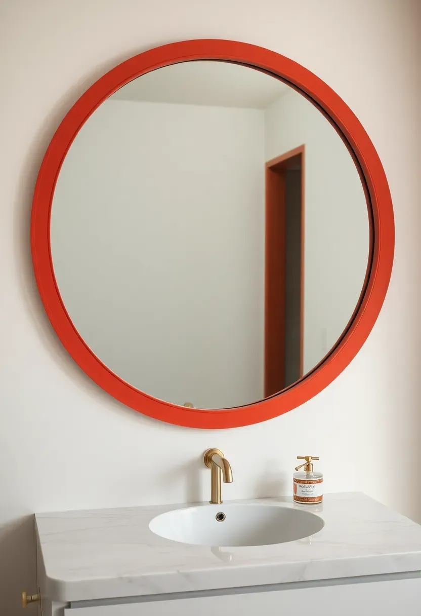 Large round mirror with colorful frame in playful Toca Boca style bathroom
