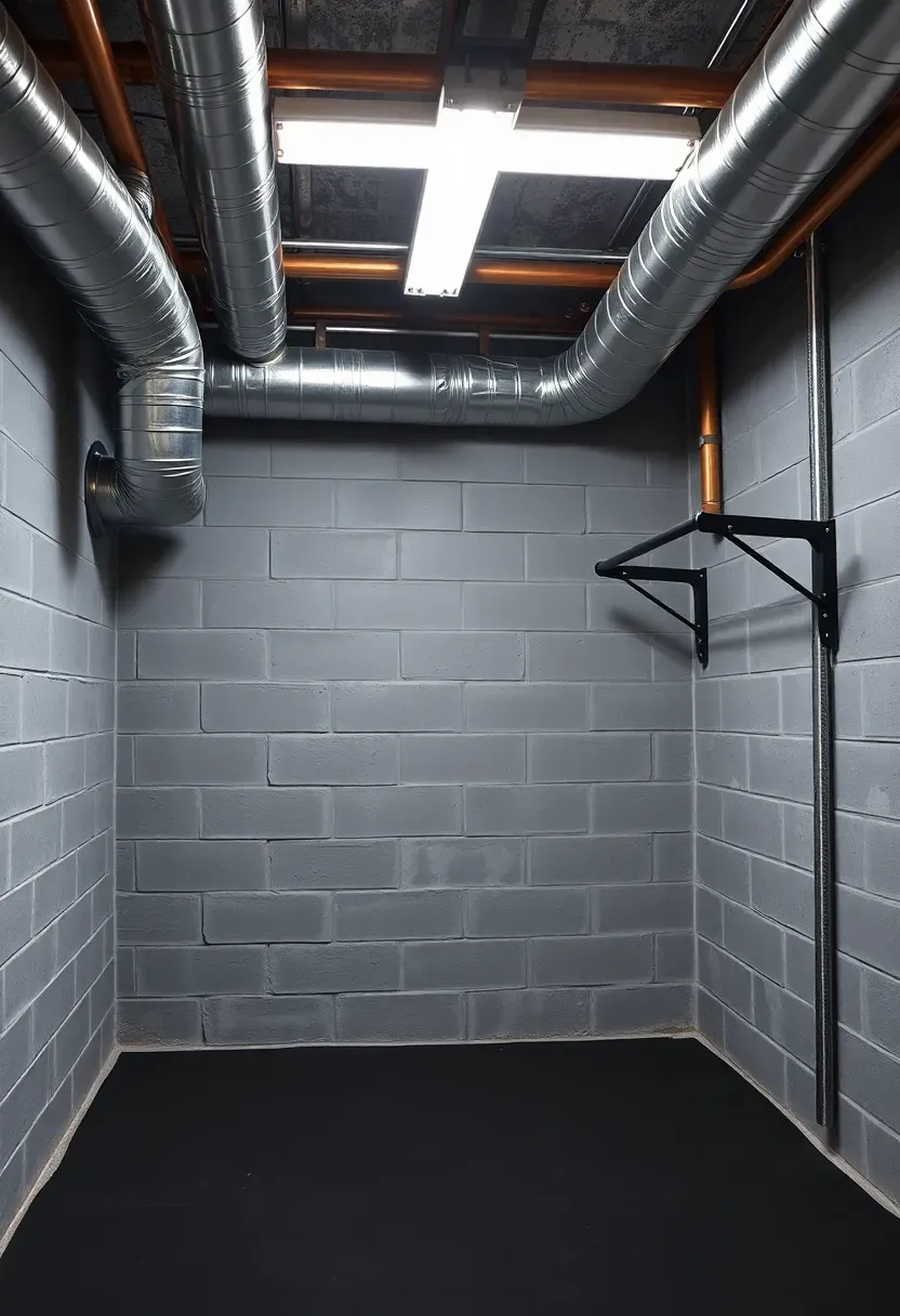 Modern basement home gym with industrial medium gray painted walls and exposed ductwork overhead