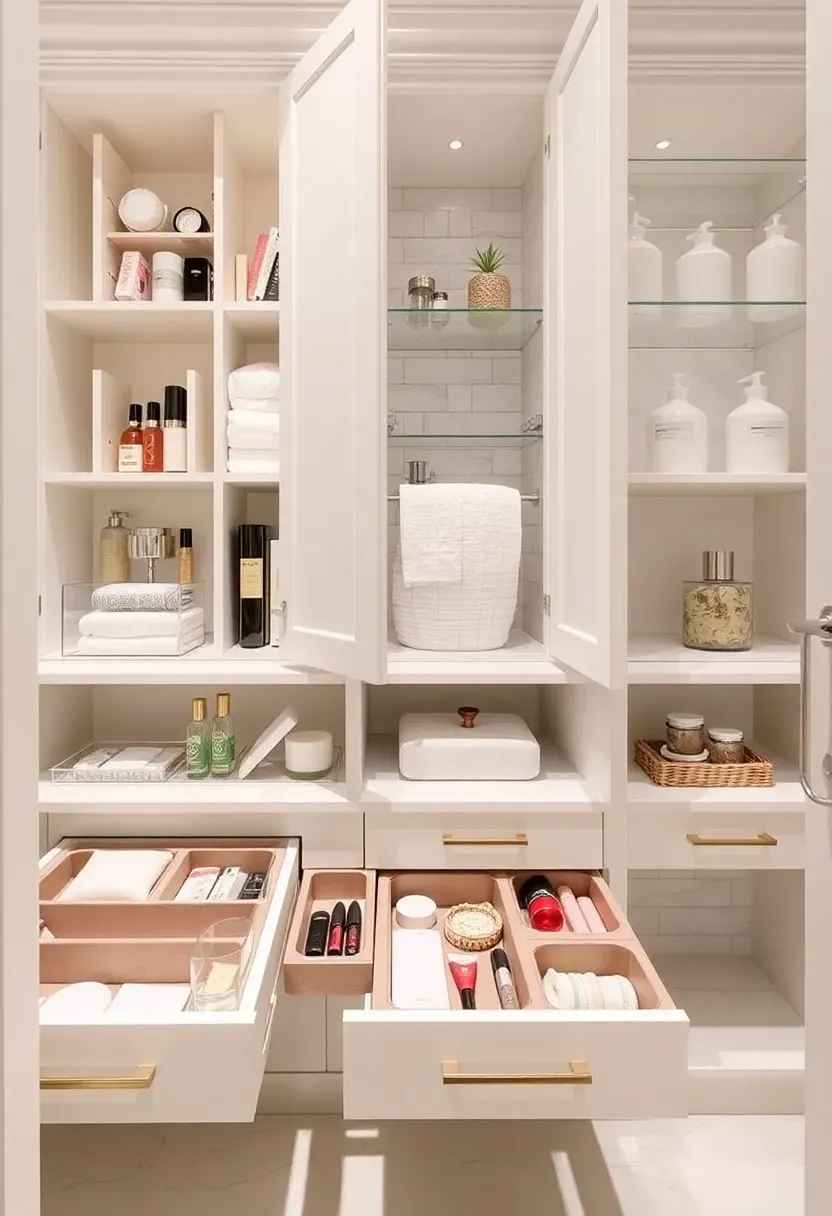 Organized apartment bathroom with drawer dividers apothecary jars and labeled baskets for a clutter-free rental space