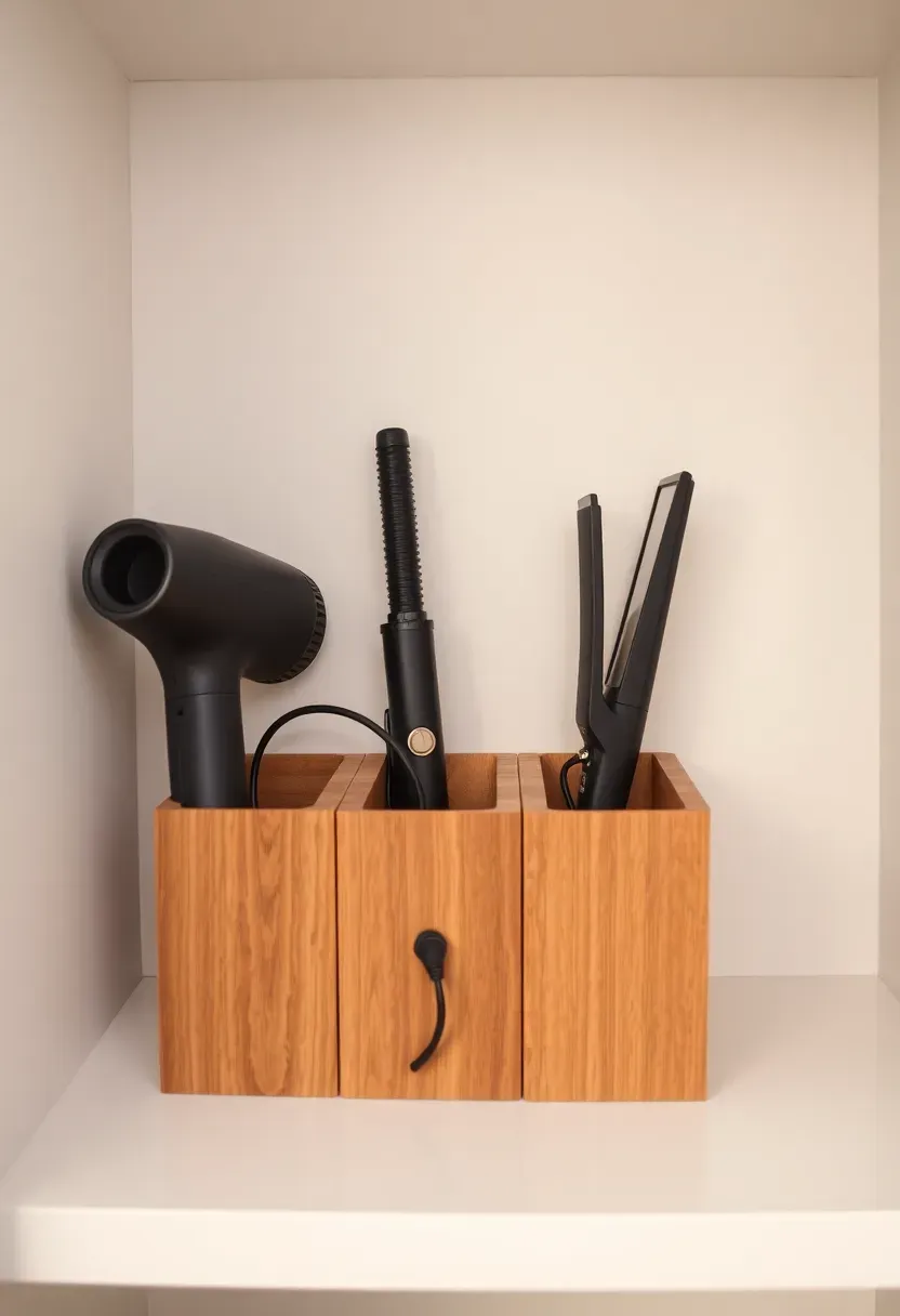 Wooden magazine holders mounted on their sides inside a bathroom closet holding a hair dryer curling iron and flat iron upright