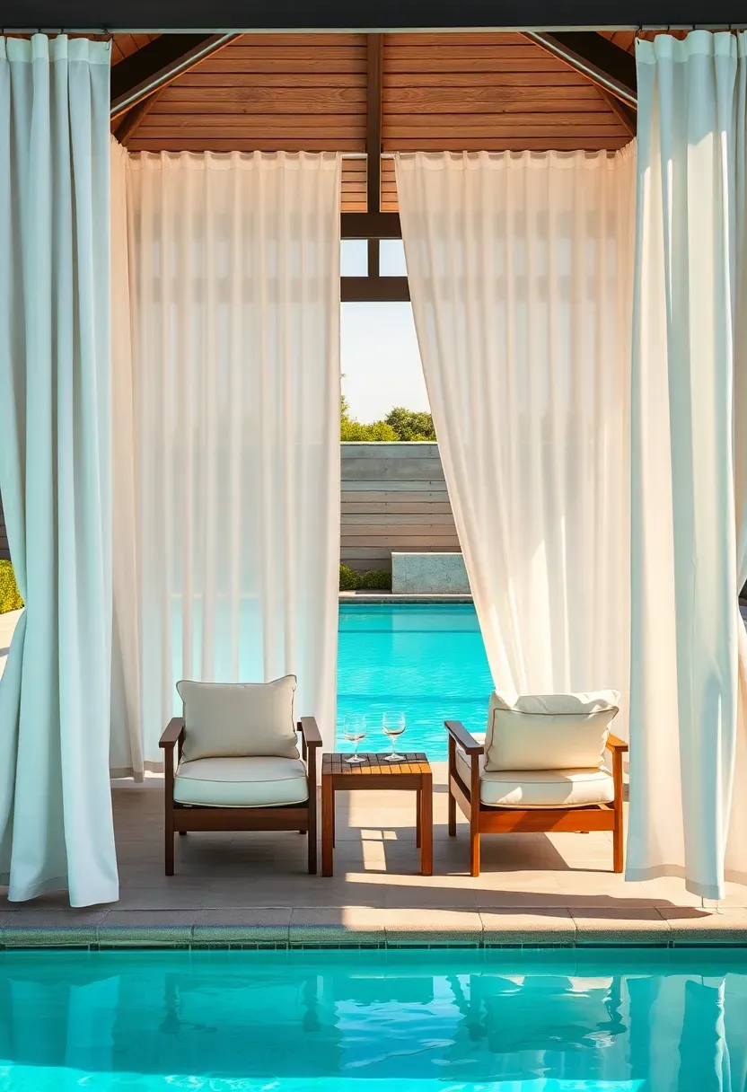 A poolside cabana gazebo with draped white curtains, two lounge chairs inside, a small side table with drinks, and a turquoise swimming pool visible in the background